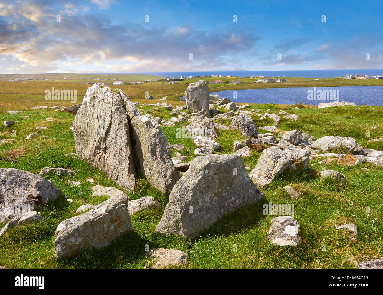 Prehistoric Steinacleit Standing Stones, with a stone circle of a burial mount, date unknown but anywhere between 1500-3000BC, Lewis, Outer Hebrides,  Stock Photo