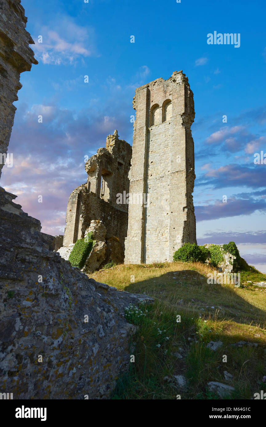 Medieval Corfe castle keep  close up  sunrise, built in 1086 by William the Conqueror, Dorset England Stock Photo