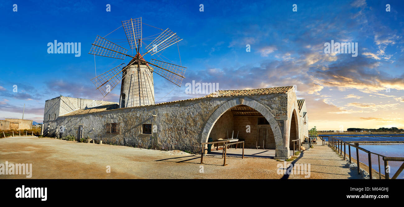 Pictures & images of Nubia Salt works Museum and Nubia wind mill,  World Wildlife reserve of Saline di Trapani and Paceco site, Trapani Sicily. Stock Photo