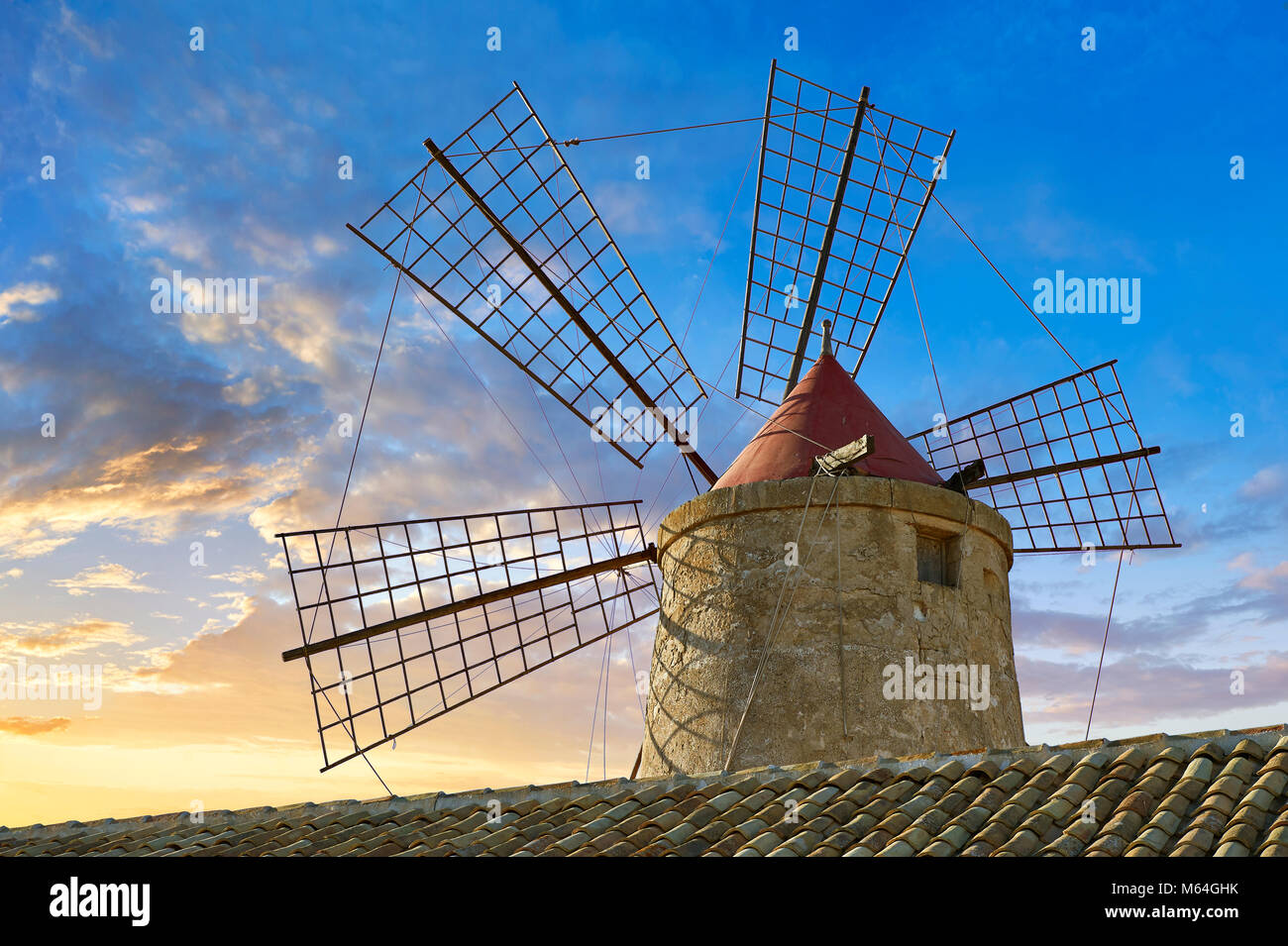 Pictures & images of Nubia Salt works Museum and Nubia wind mill,  World Wildlife reserve of Saline di Trapani and Paceco site, Trapani Sicily. Stock Photo