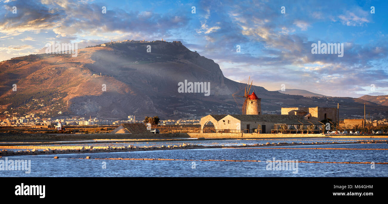 Pictures & images of the salt pans of the Nubia Salt works Museum and Nubia wind mill,  World Wildlife reserve of Saline di Trapani and Paceco site, T Stock Photo
