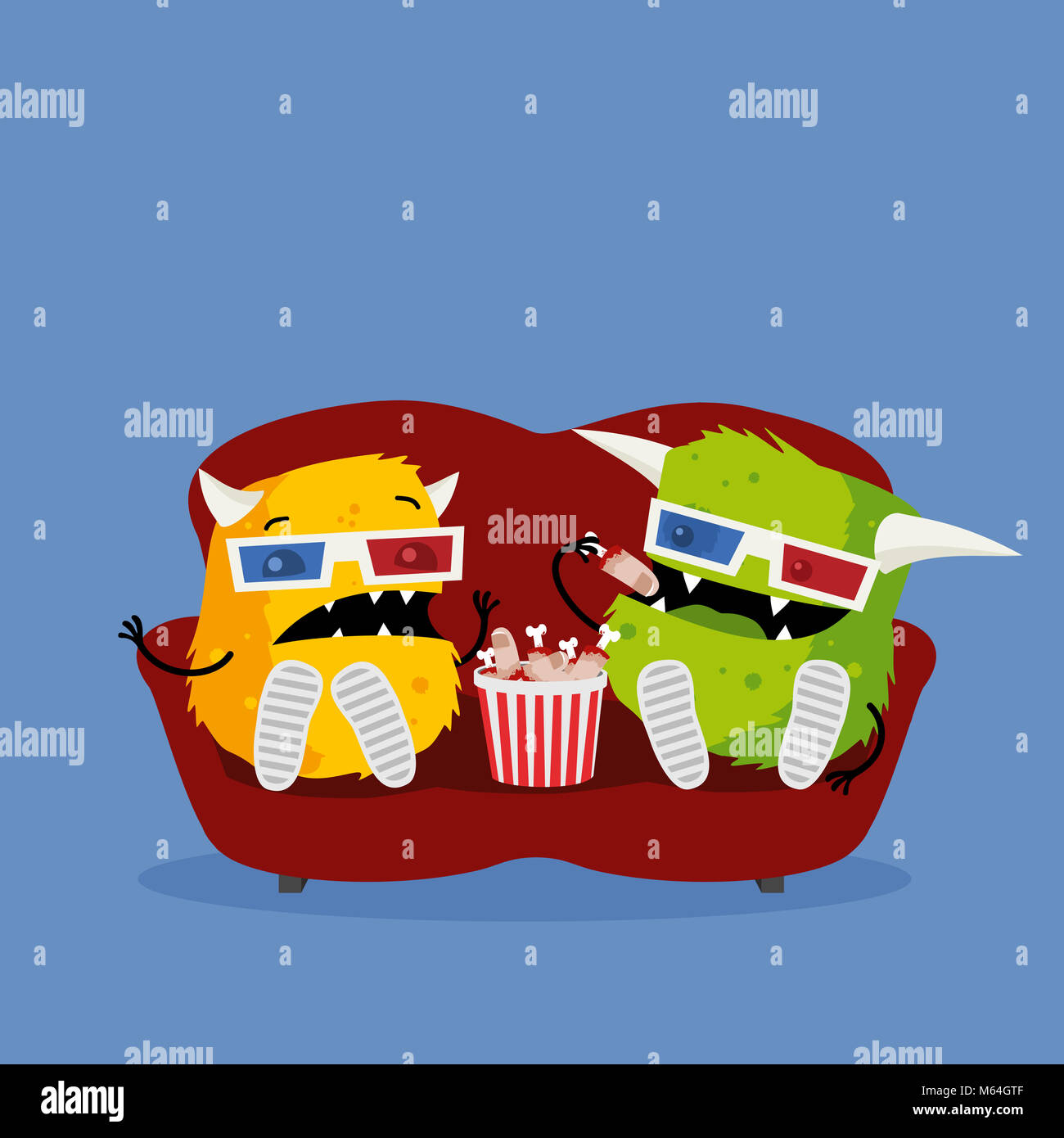 Two funny monsters watching scary horror movie wearing 3d glasses, sitting on red couch, and eating snacks. Cute cartoon illustration Stock Photo