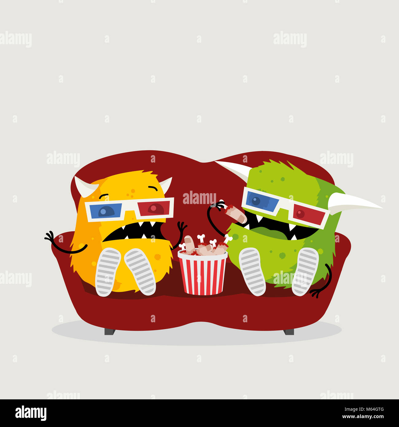 Two funny monsters watching scary horror movie wearing 3d glasses, sitting on red couch, and eating snacks. Cute cartoon illustration Stock Photo