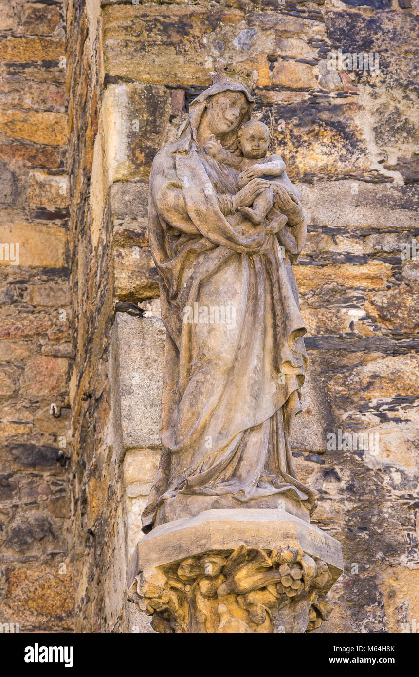 Klatovy, Czech Republic - Statue of Madonna with Baby Jesus on the outside of the Archdean parish church of the Nativity of Virgin Mary. Stock Photo
