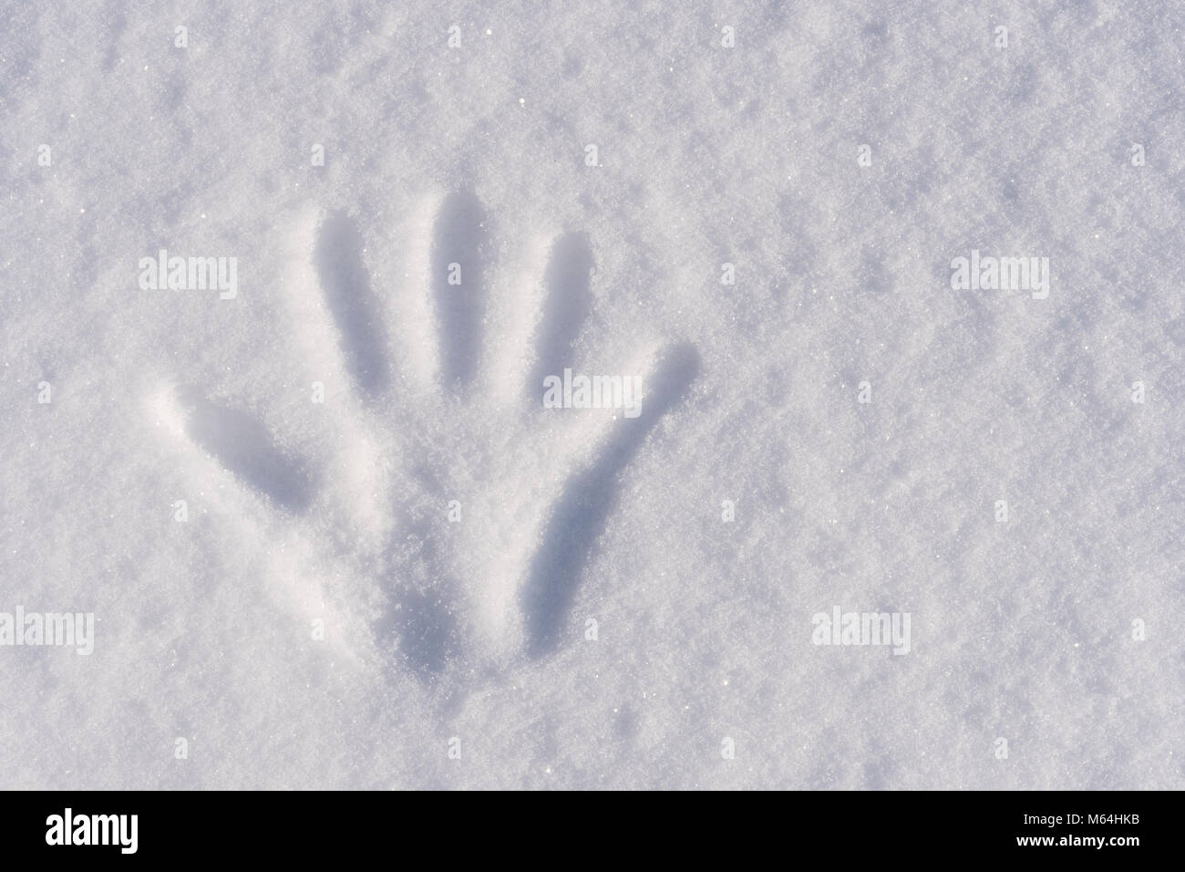 on the snow the imprint of the palm, winter and cold Stock Photo