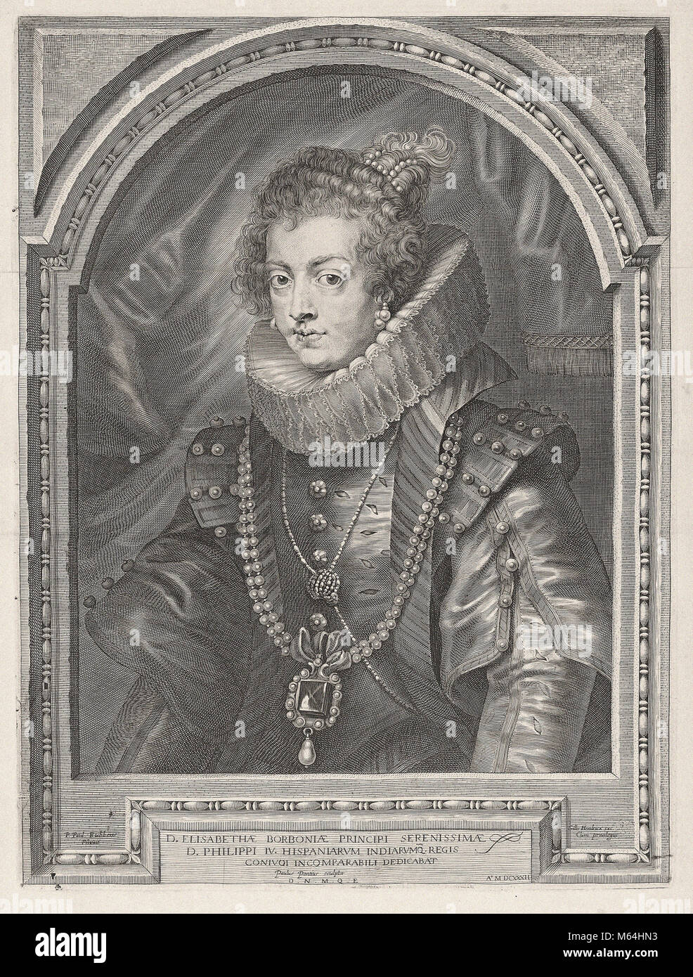 Engraving after Rubens - Elisabeth of France (1602-1644), first wife of King Philip IV of Spain Stock Photo