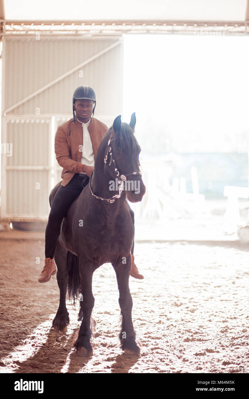 man riding brown horse on countryside Stock Photo - Alamy