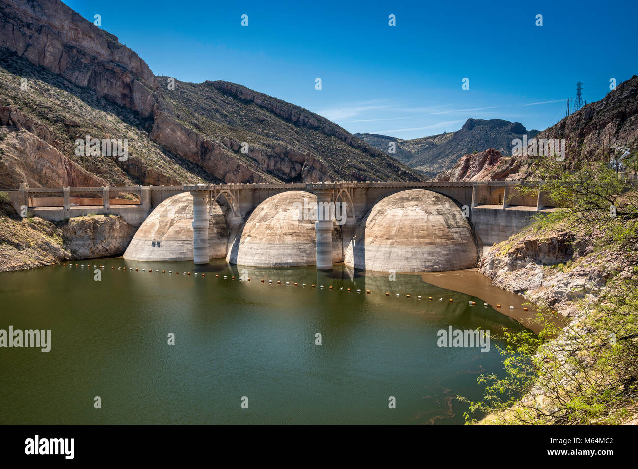 Coolidge Dam, a reinforced concrete multiple dome and buttress dam on Gila River, San Carlos Reservoir, San Carlos Indian Reservation, Arizona, USA Stock Photo