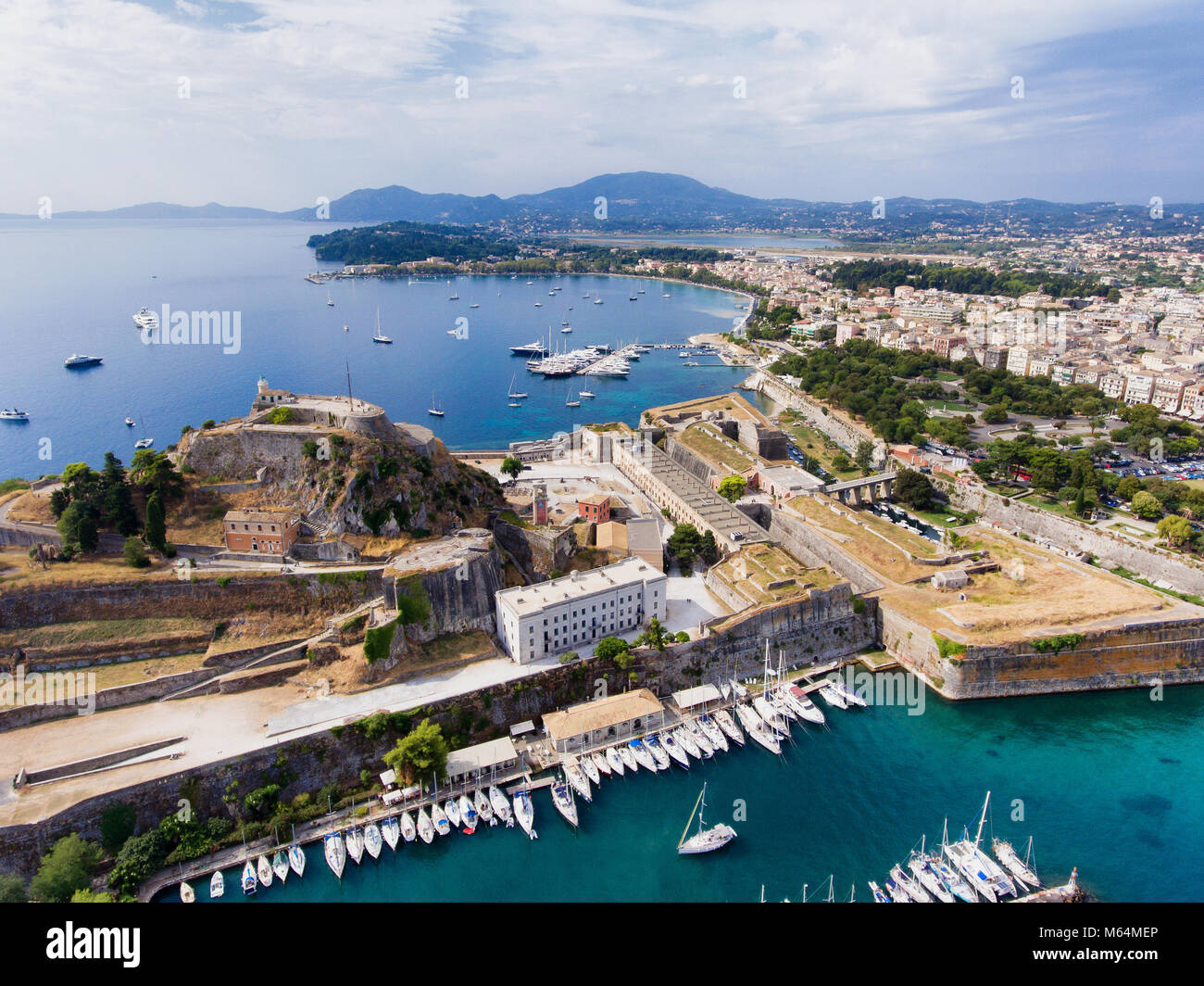 Corfu old fortress and the old town, aerial view. The old venetian fortress near the capital of Kerkyra Island. Stock Photo