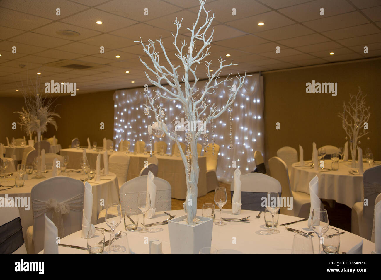 Winter Wonderland Wedding Reception Room Stock Photo