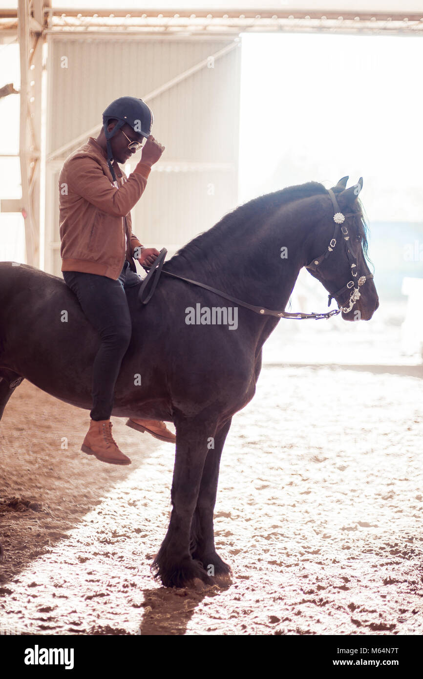 man riding brown horse on countryside Stock Photo Alamy