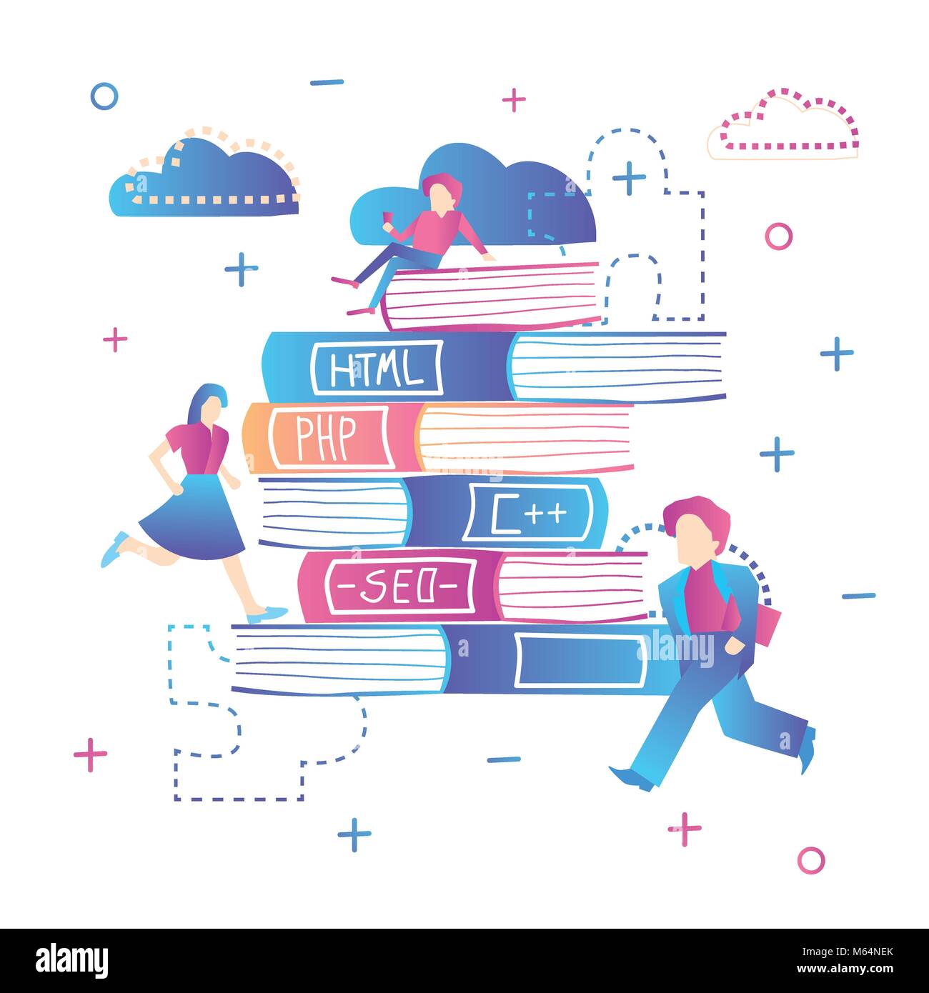 Online Education. Learning Web Design, Coding and SEO. Vector Illustration. Pile of Books with People. Stock Vector