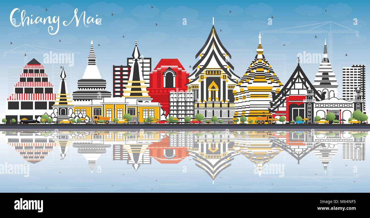 Chiang Mai Thailand City Skyline with Color Buildings, Blue Sky and Reflections. Vector Illustration. Stock Vector