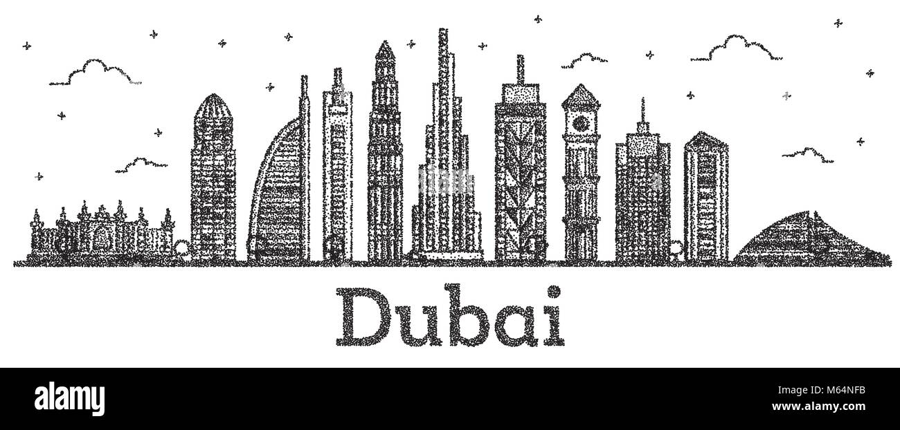 Engraved Dubai UAE City Skyline with Modern Buildings Isolated on White. Vector Illustration. Line Art Dubai Cityscape with Landmarks. Stock Vector