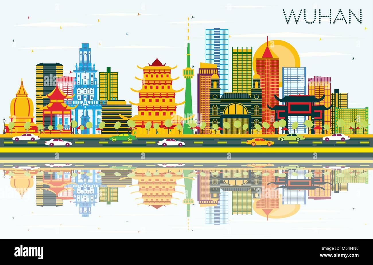 Wuhan China City Skyline with Color Buildings, Blue Sky and Reflections. Vector Illustration. Business Travel and Tourism Concept Stock Vector