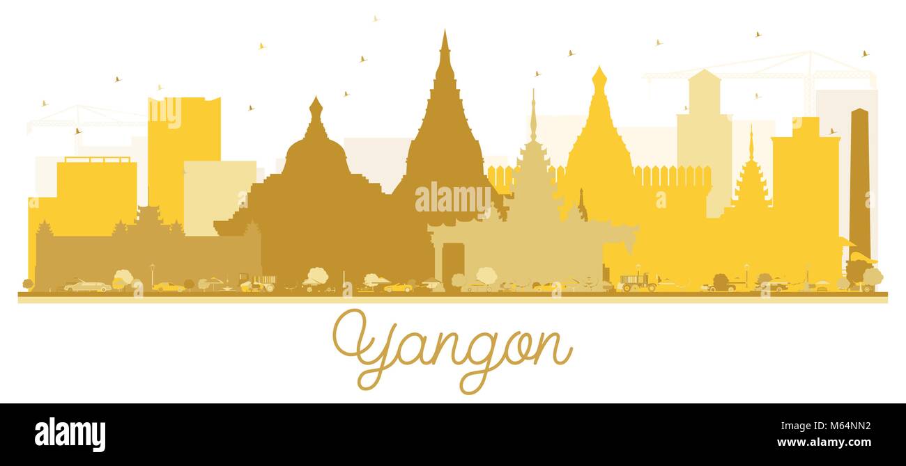Yangon City skyline golden silhouette. Simple flat concept for tourism presentation, banner, placard or web site. Yangon Cityscape with landmarks. Stock Vector