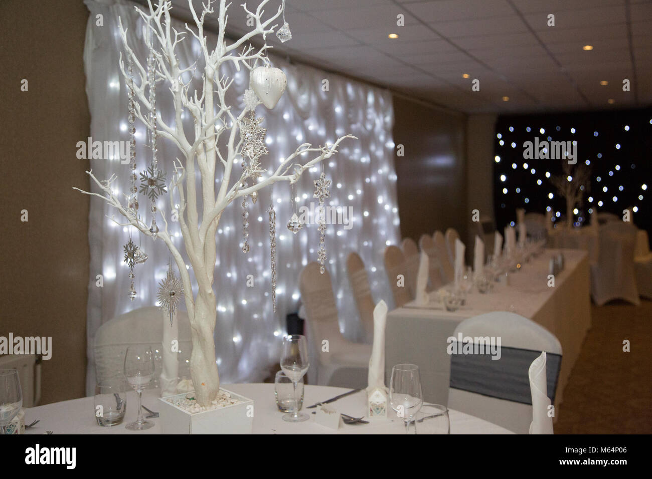 Winter Wonderland Wedding Reception Room Stock Photo