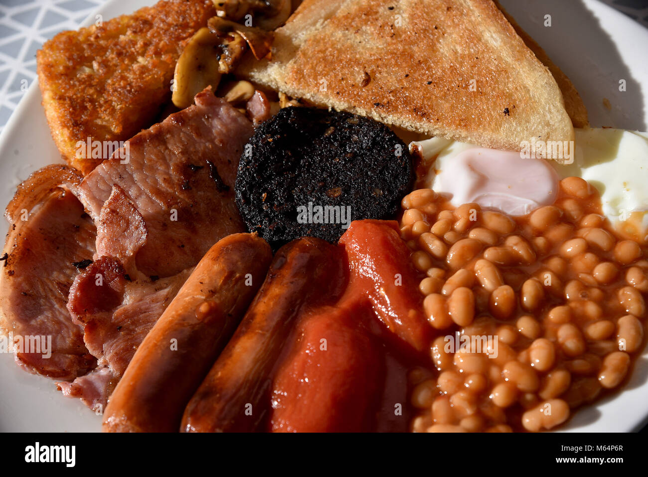 Full English Breakfast comprising of bacon, sausages, baked beans, hash