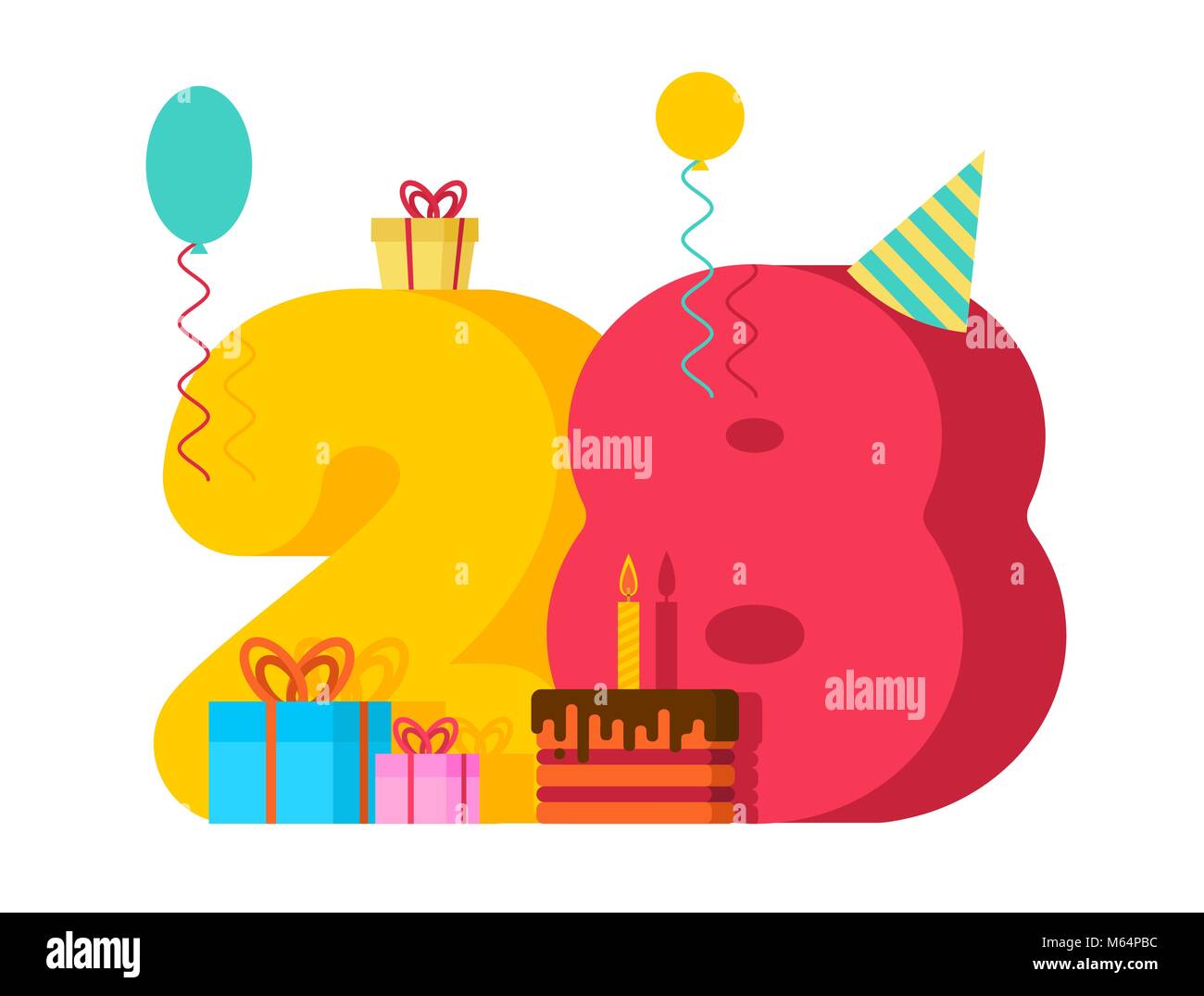 28 year greeting card Birthday. 28th anniversary celebration Template. twenty eight number and festive piece of cake with candle. Balloon and Gift box Stock Vector