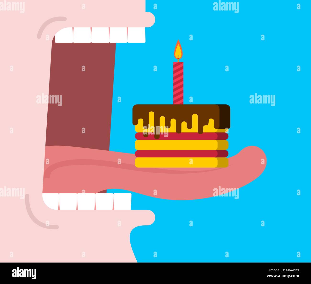 Open mouth eats birthday cake. Piece of cake with candle. anniversary