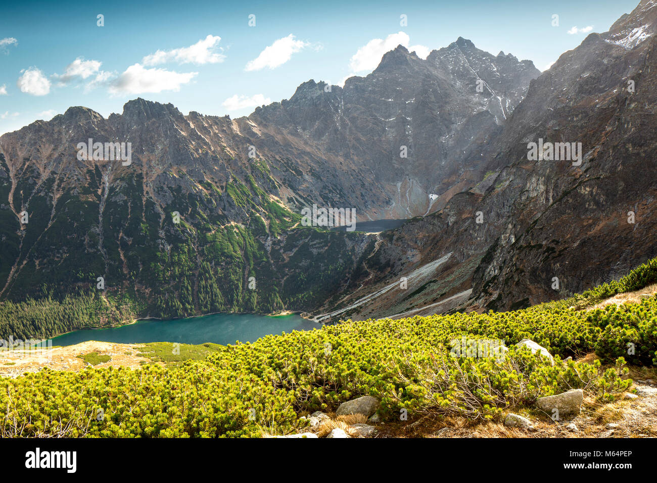 Sea Eye Pond and Black Pond Under Rysy in Polish Tatra mountains as seen from the top Stock Photo
