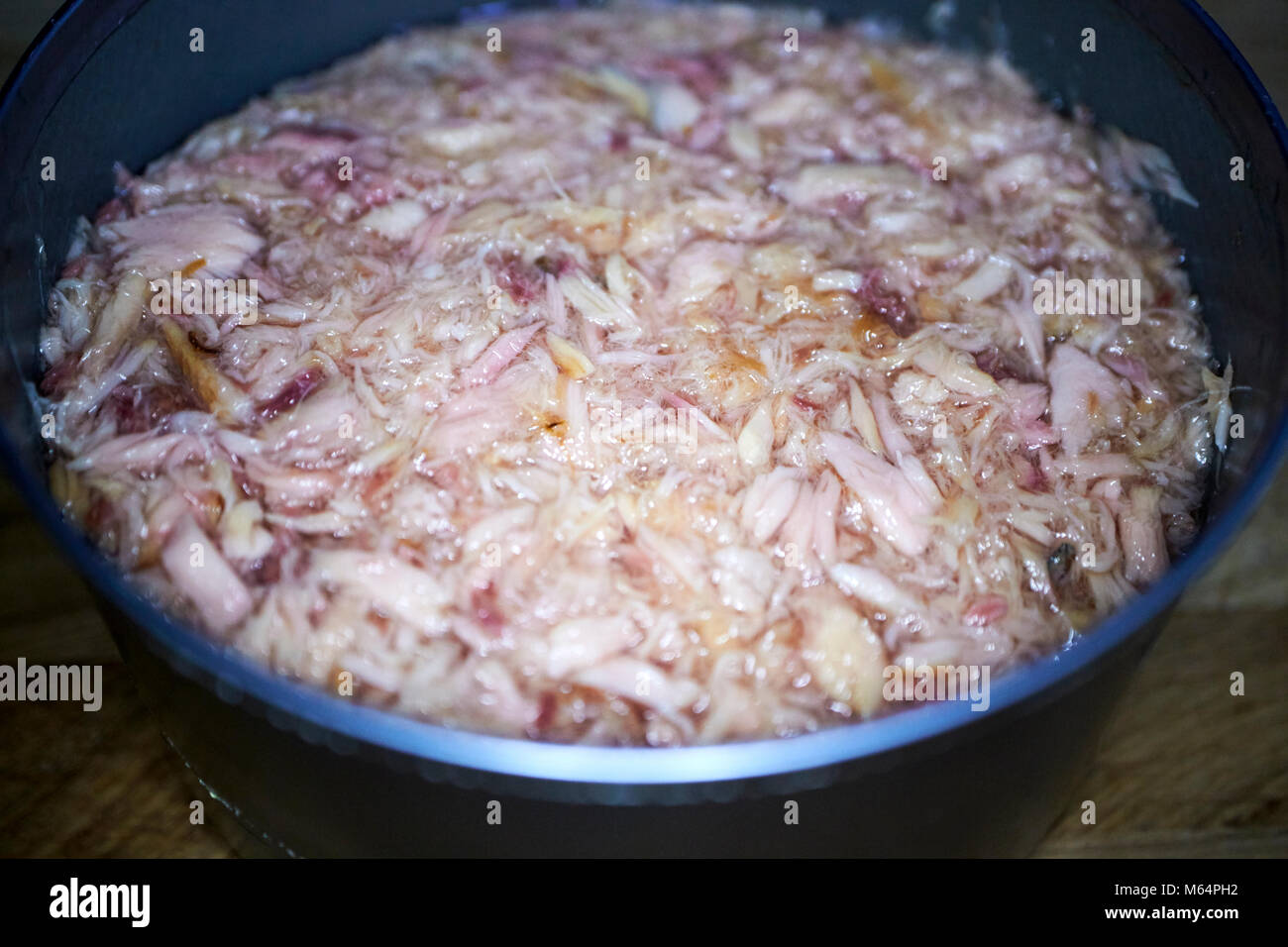 tin of tuna pieces in brine with half of the water drained out Stock