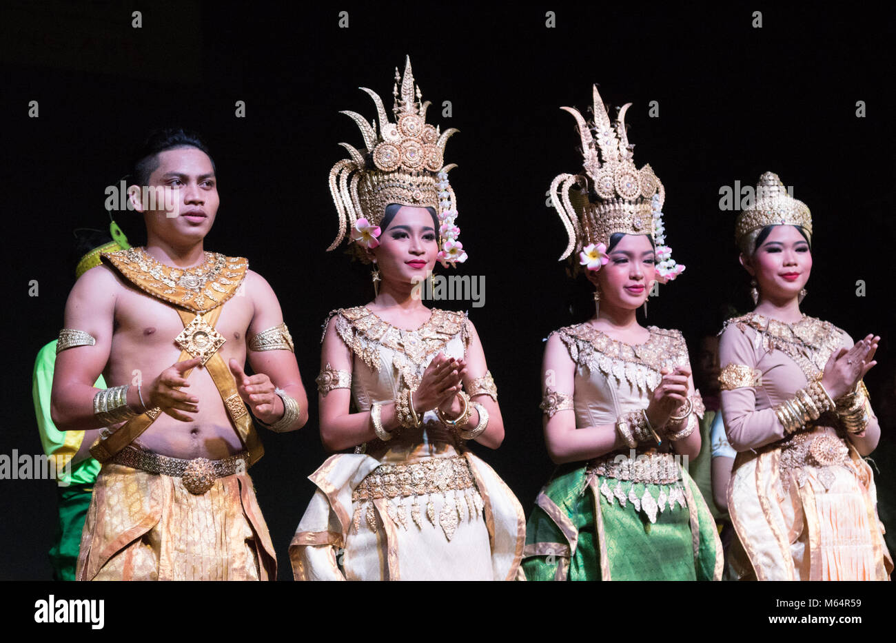Classical Apsara dancers performing traditional Cambodia dance, Phnom Penh, Cambodia, Asia Stock Photo
