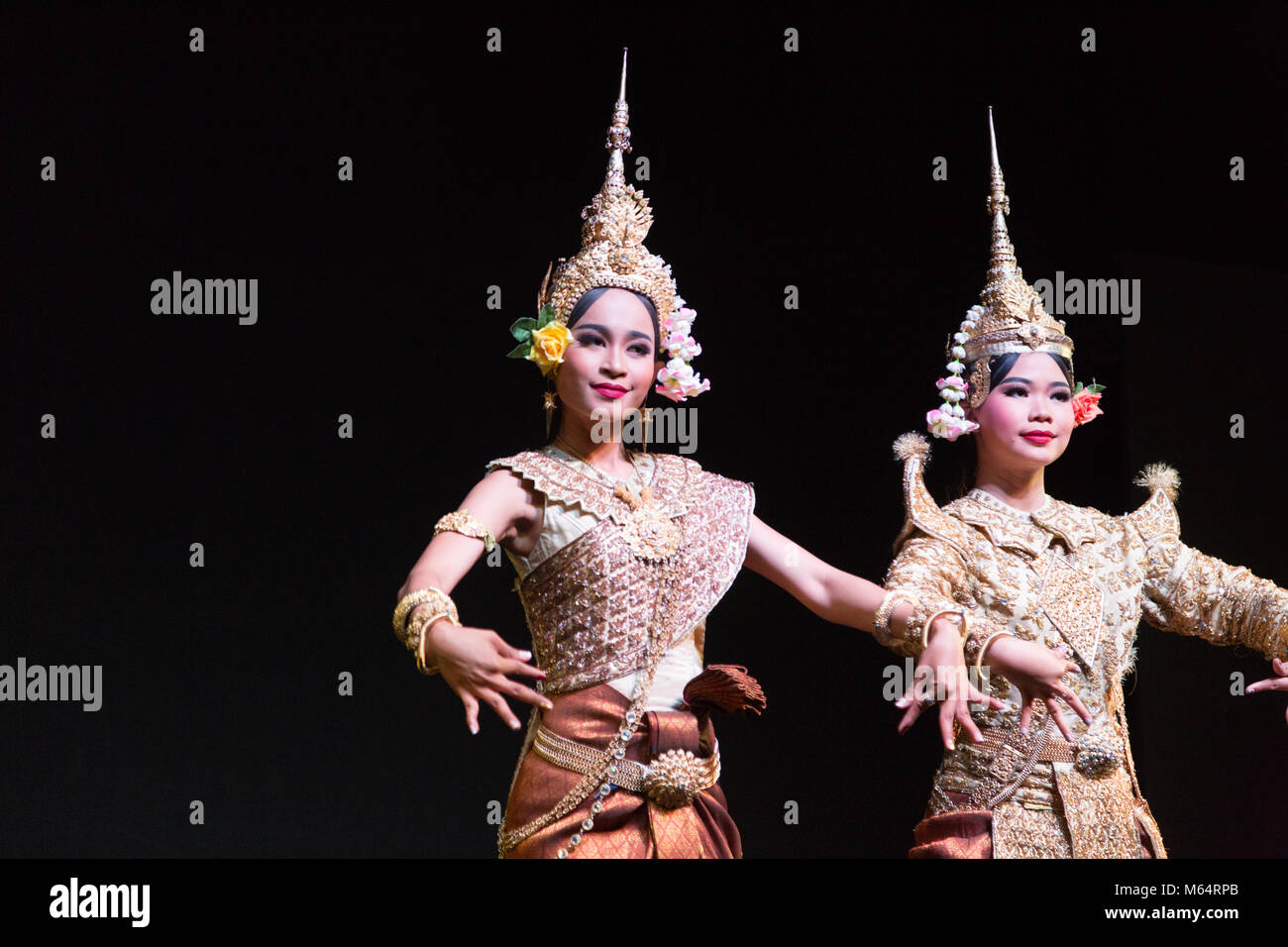 Two classical Apsara dancers performing traditional Cambodia dance, Phnom Penh, Cambodia, Asia Stock Photo