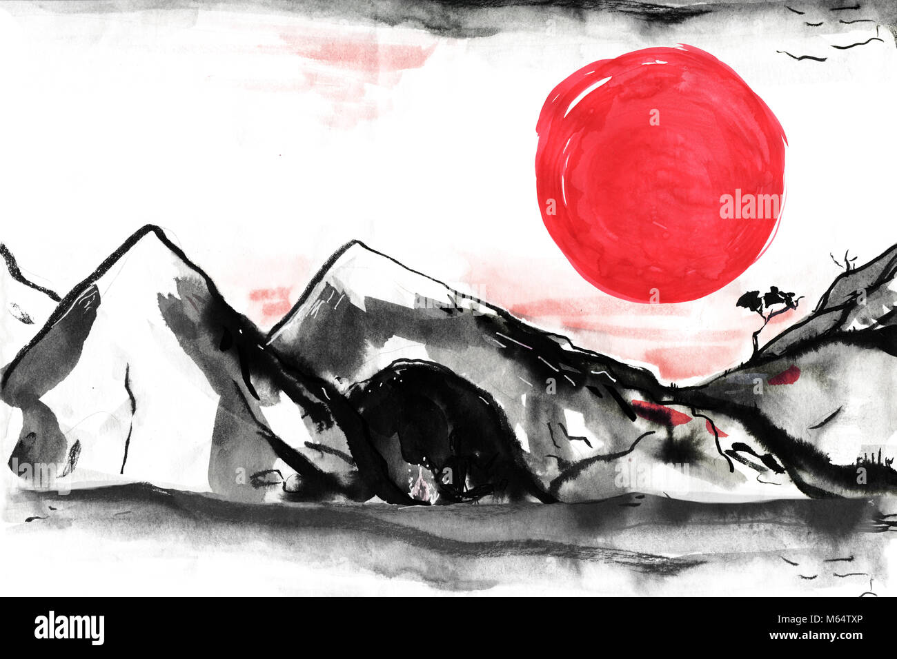 Mountains in Japanese style. Watercolor hand painting illustration ...