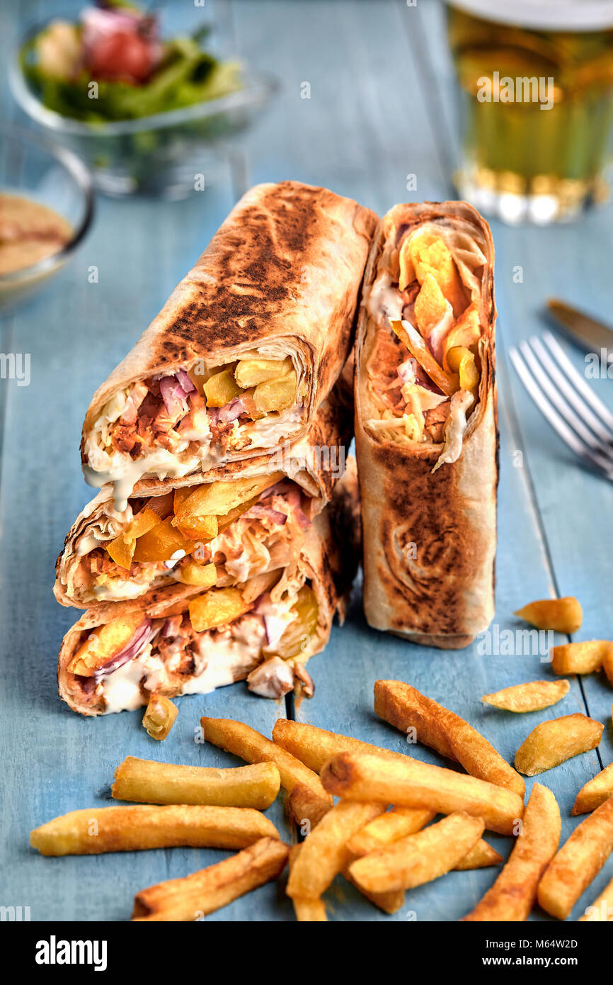 Middle Eastern Chicken Shawarma, Pita Sandwich, chicken roll in a pita