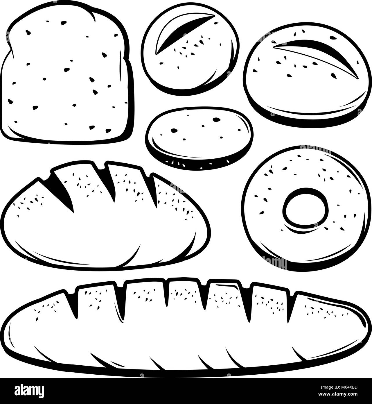 Vector black and white Illustration of various types of bread Stock