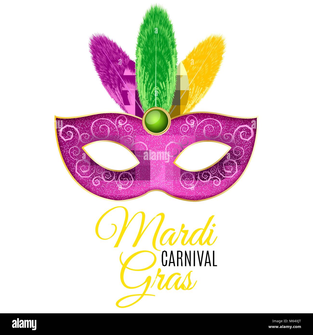 Mask for Mardi Gras carnival. Luxurious mask with colorful feathers on a  white background. Yellow text. Festive poster, template. Vector  illustration Stock Vector Image & Art - Alamy