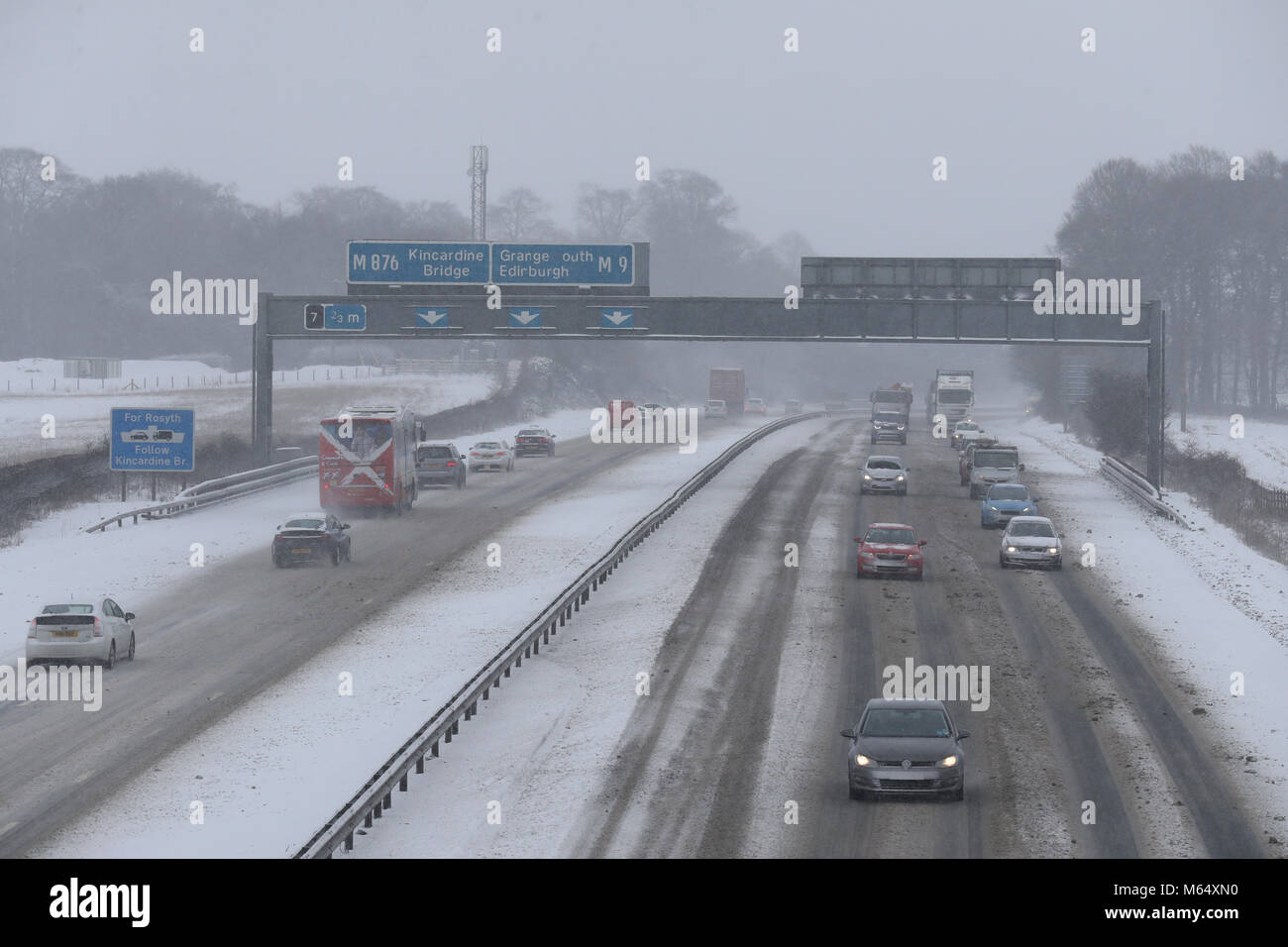 Traffic on the M9 near Falkirk in heavy snow, as snow and subzero