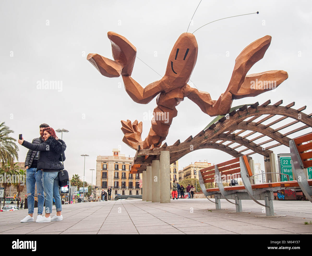 BARCELONA, SPAIN-FEBRUARY 19, 2018: The funky lobster statue by Javier Mariscal at the Gambrinus restaurant on Passeig Colom in Barceloneta Stock Photo