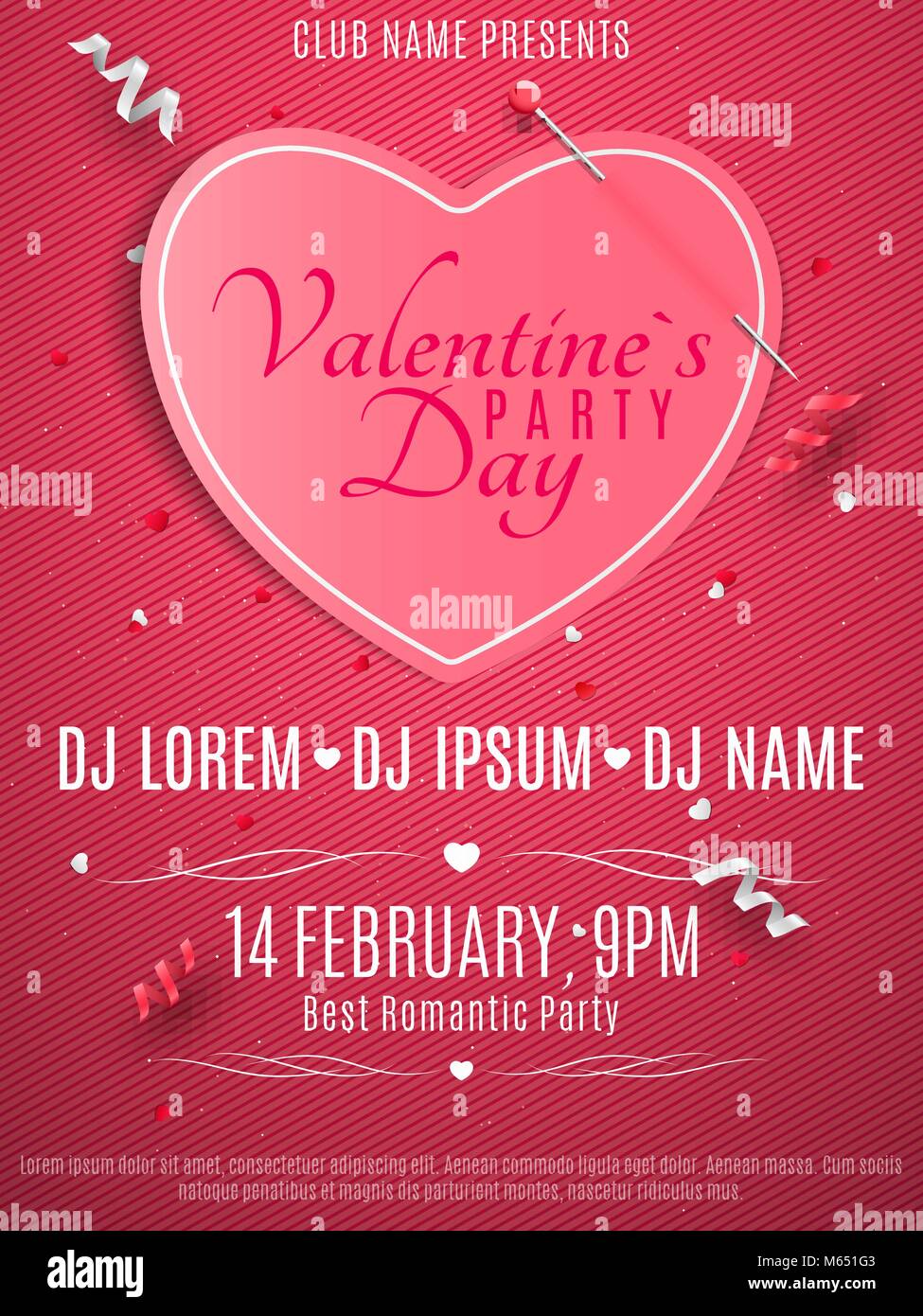 Valentines Day party flyer. Pink note with pin. Banner paper heart
