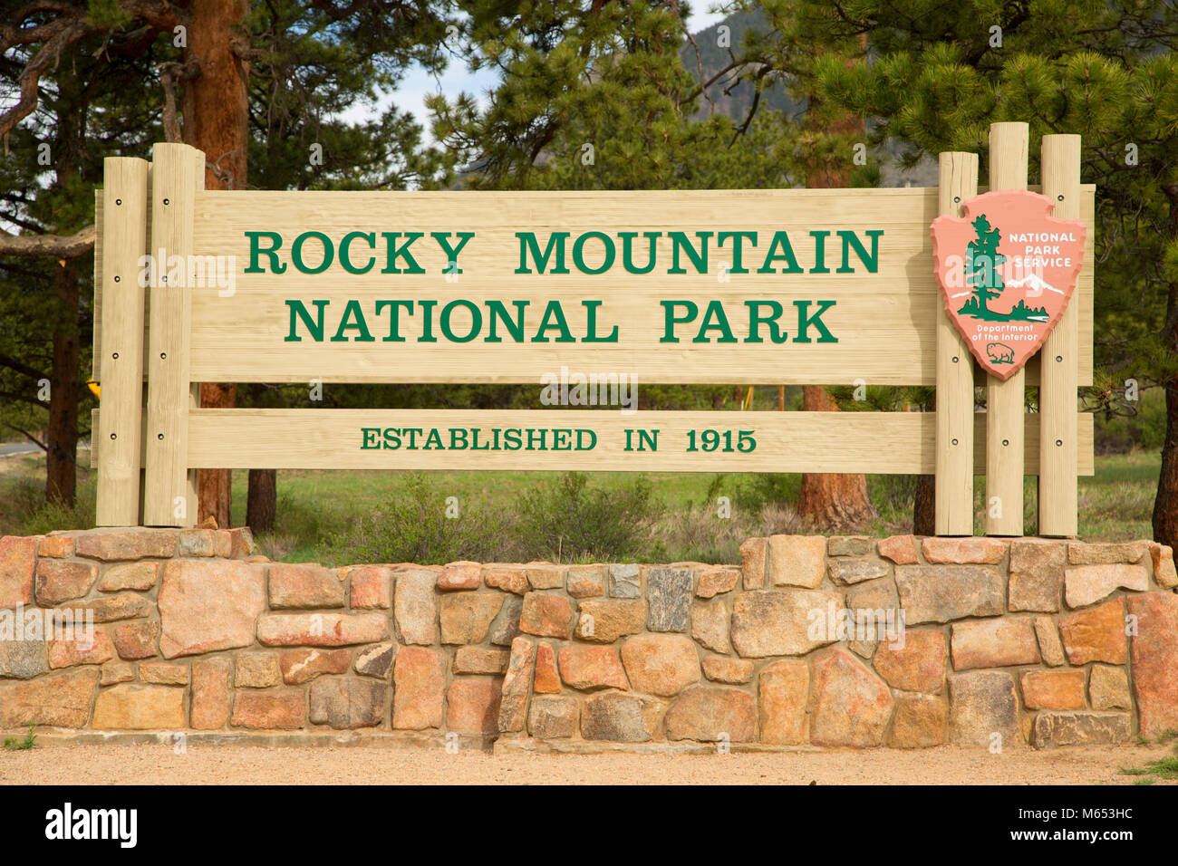 Entrance sign, Rocky Mountain National Park, Colorado Stock Photo