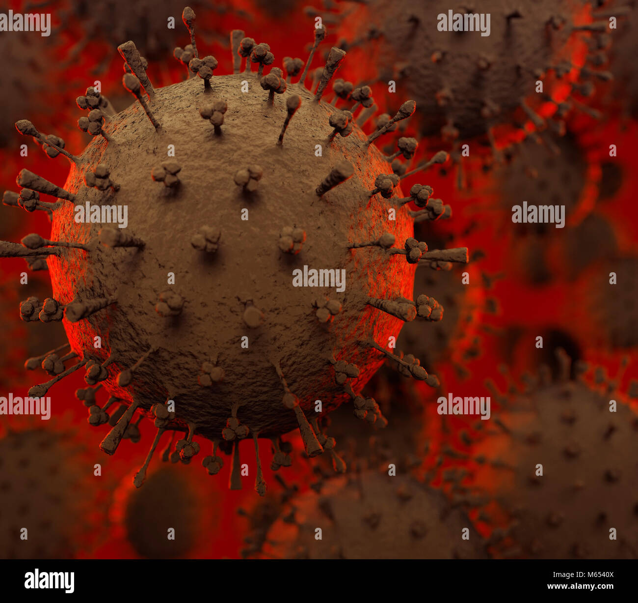 Flu virus H1N1, H5N1, influenza A virus particles - virions under a microscope. Medical 3D illustration of a spreading virus, epidemic concept, Swine  Stock Photo