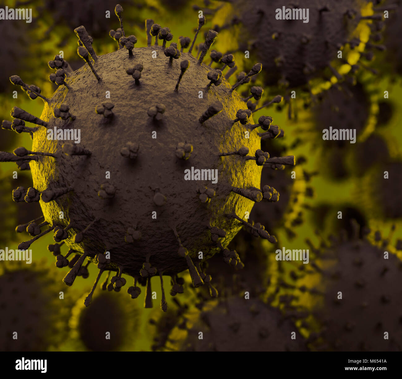 Flu virus H1N1, H5N1, influenza A virus particles - virions under a microscope. Scientific illustration of a spreading virus, epidemic concept. Stock Photo