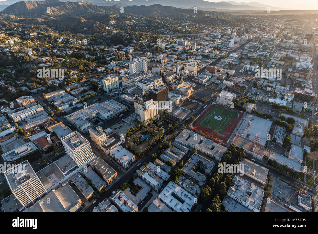 Los Angeles, California, USA - February 20, 2018:  Aerial morning view of towards Hollywood Bl near Highland Av in Southern California. Stock Photo