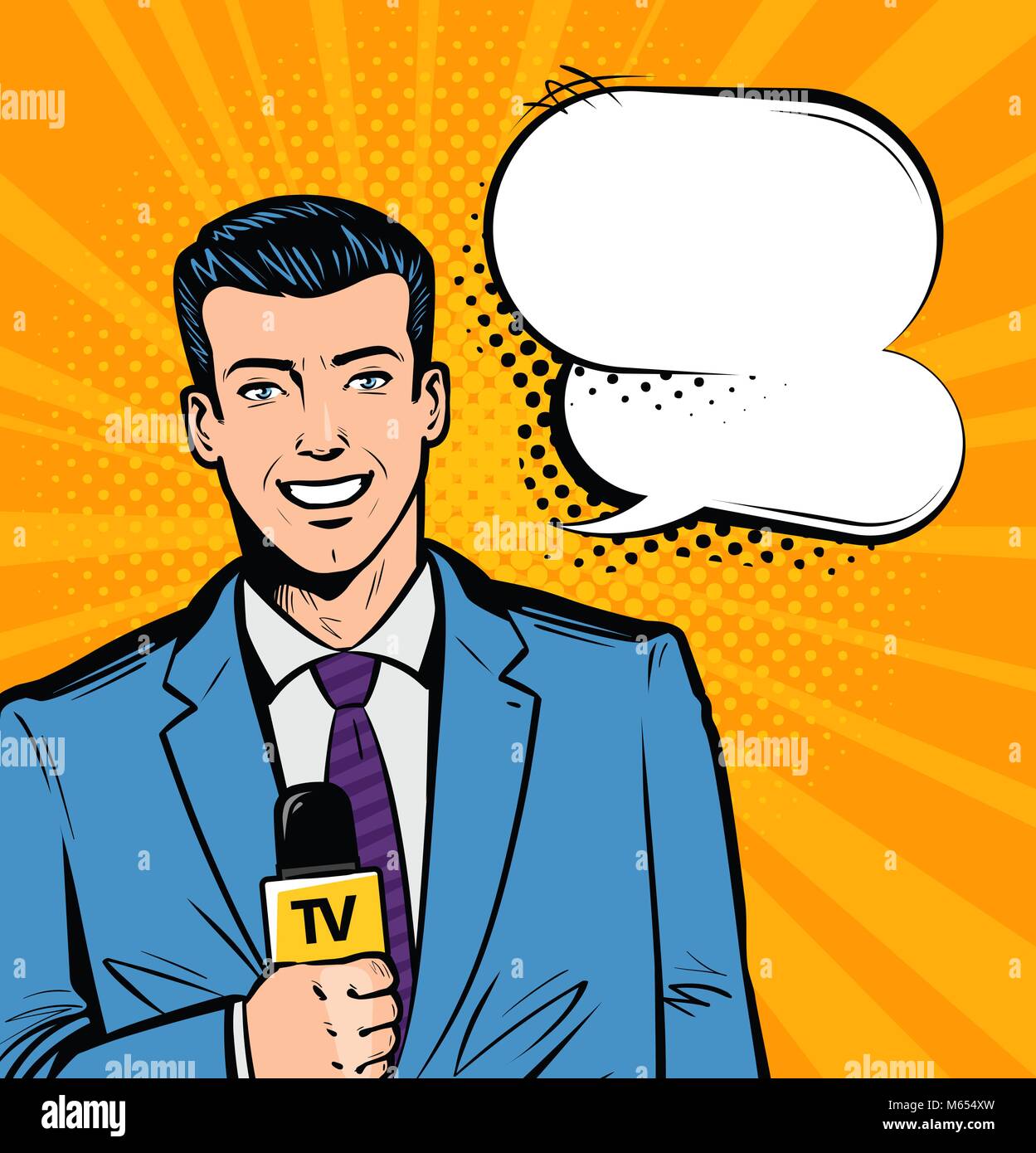 Live report, news, tv concept. Journalist with microphone in hand. Pop art retro comic style. Cartoon vector illustration Stock Vector