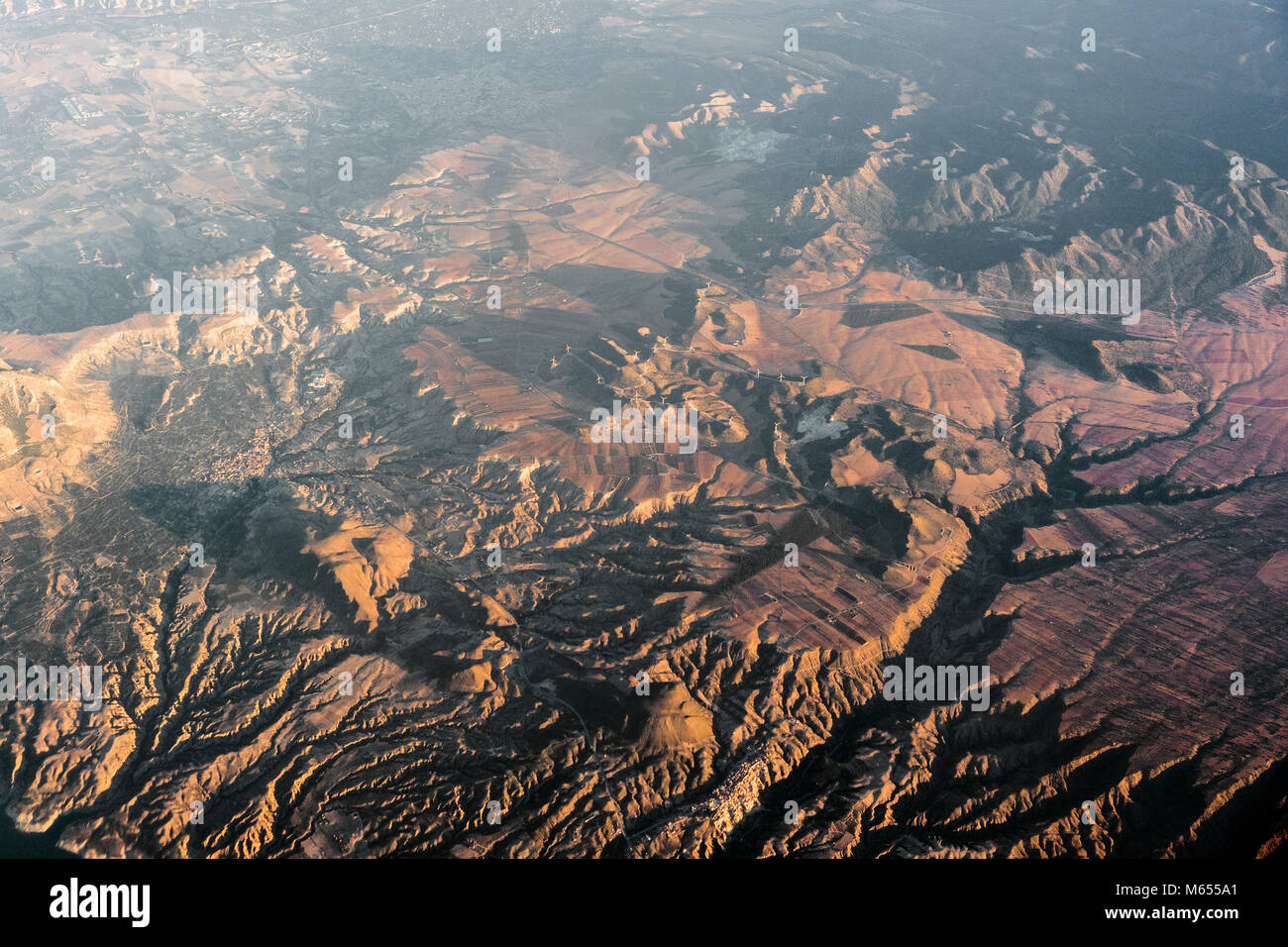 Aerial terrain view of mountain ranges in continental Spain Stock Photo