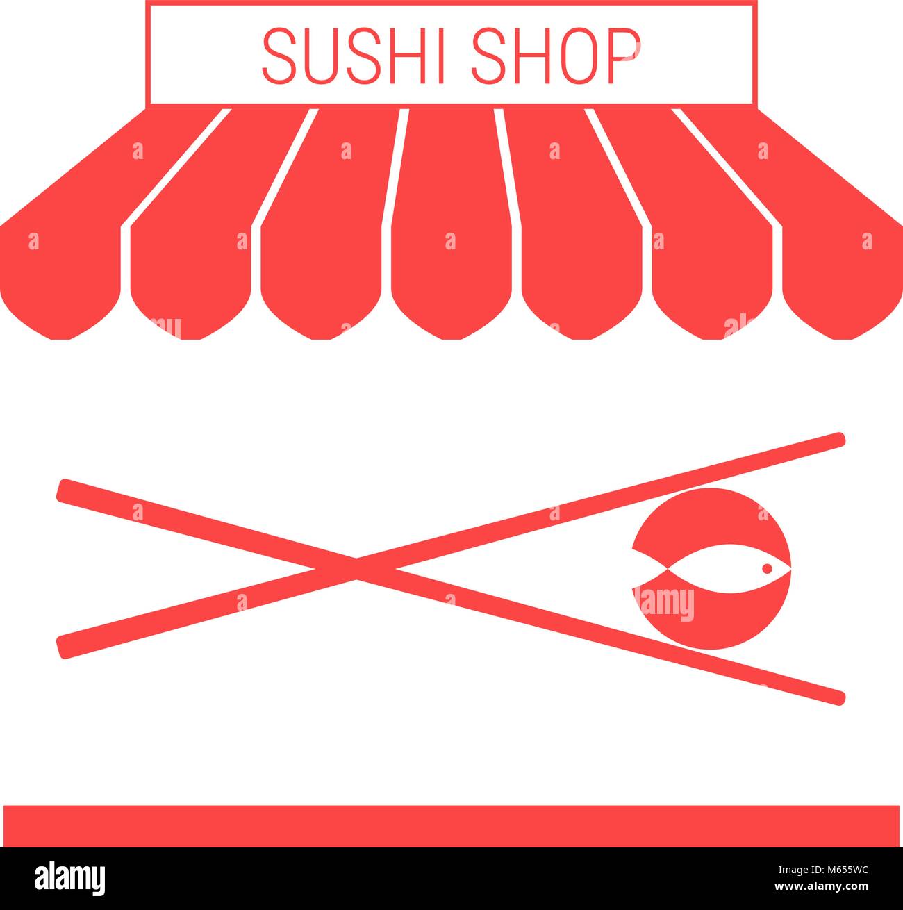 Sushi Shop, Japanese Restaurant Single Flat Vector Icon. Striped Awning and Signboard Stock Vector