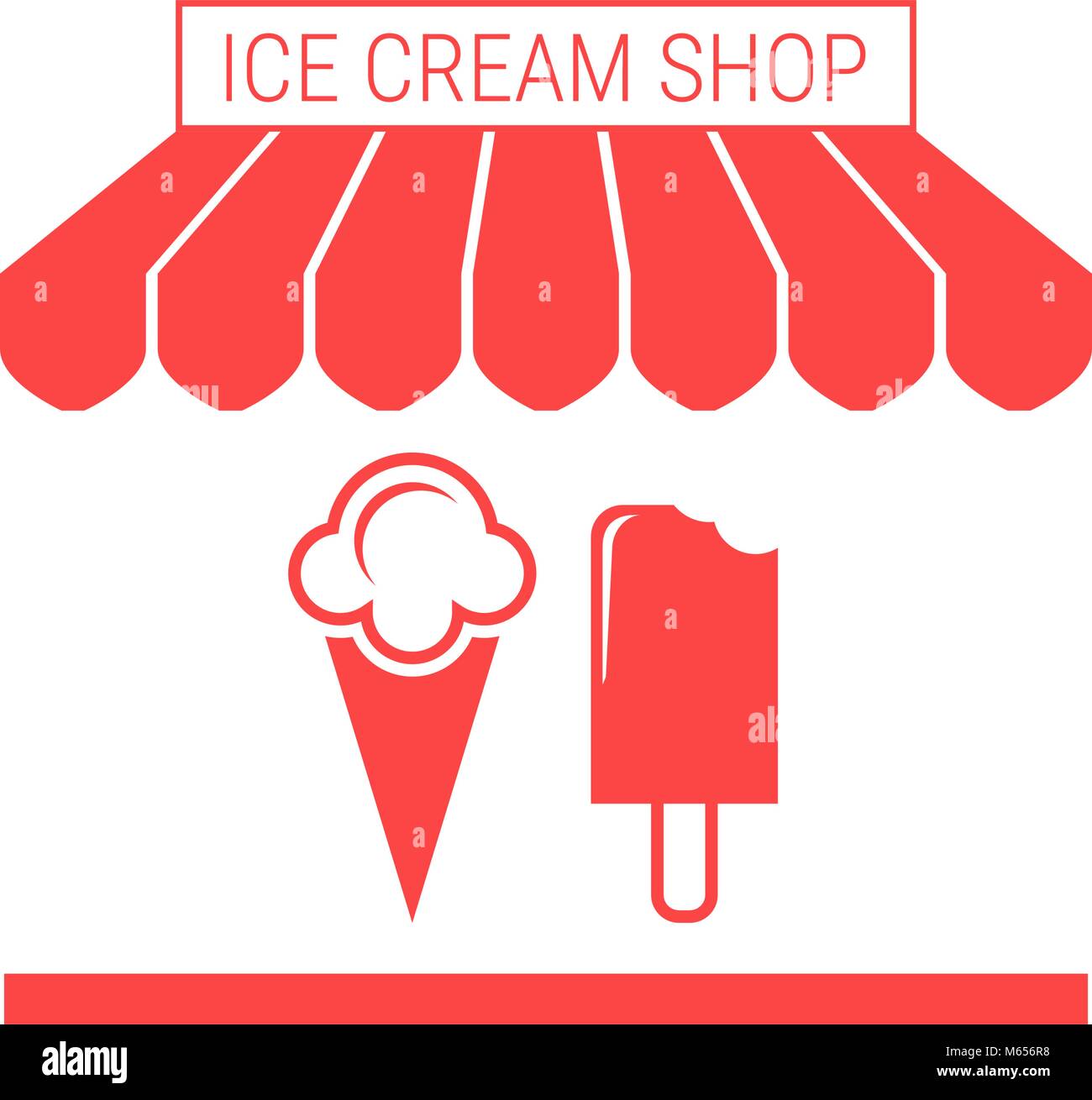 Ice Cream Shop, Frozen Yogurt Single Flat Vector Icon. Striped Awning and Signboard Stock Vector