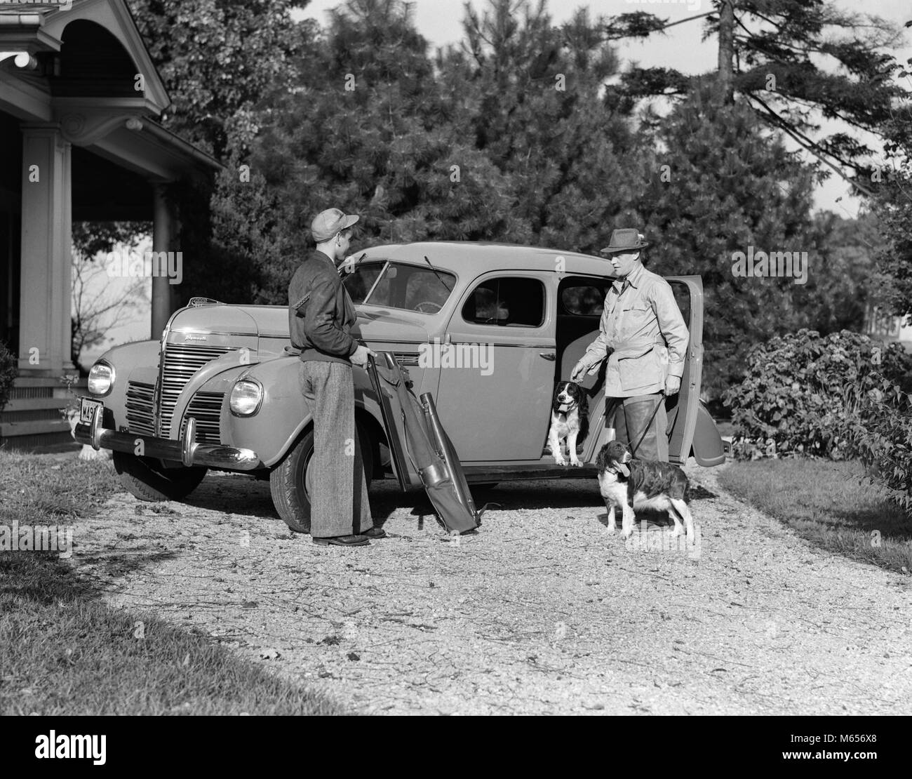 1930s TWO MEN STANDING BY FOUR DOOR SEDAN PACKING GUNS HUNTING GEAR AND TWO SPRINGER SPANIEL DOGS - g3136 HAR001 HARS GUNS CAUCASIAN SHOTGUN SONS SPANIEL LIFESTYLE RURAL HEALTHINESS HOME LIFE COPY SPACE FRIENDSHIP HALF-LENGTH AUTOMOBILE RISK TEENAGE BOY ANIMALS HUNTER TRANSPORTATION NOSTALGIA FATHERS MIDDLE-AGED TOGETHERNESS MIDDLE-AGED MAN 16-17 YEARS 40-45 YEARS 45-50 YEARS HAPPINESS TWO ANIMALS MAMMALS CANINES DADS RECREATION 18-19 YEARS SPRINGER CONNECTION AUTOMOBILES TEENAGED VEHICLES CANINE FIREARM FIREARMS GUNNING HUNTERS JUVENILES MALES MAMMAL SHOTGUNS B&W BLACK AND WHITE Stock Photo