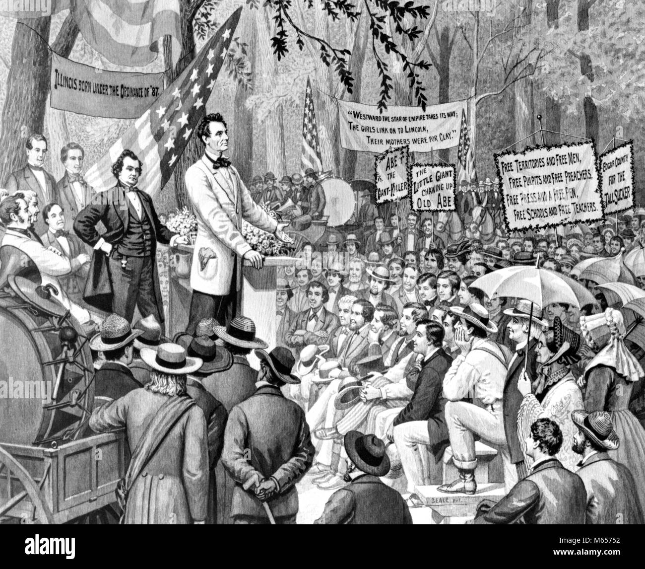 1850s 1858 SENATORIAL DEBATE BETWEEN ABRAHAM LINCOLN AND STEPHEN DOUGLAS IN ILLINOIS USA - h4313 SPL001 HARS TWO PEOPLE WITH OTHERS Stock Photo