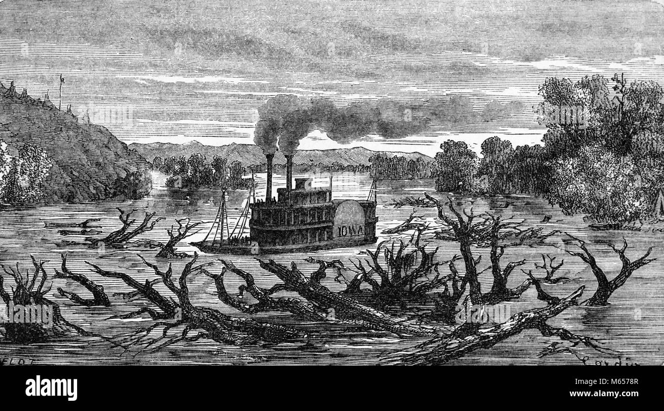 1800s 1860s RIVERBOAT IN TREACHEROUS WATERS CLOGGED WITH FALLEN TREES - h9853 HAR001 HARS OLD FASHIONED PADDLE WHEELER PADDLEWHEEL RIVERS STEAM BOAT STEAMBOAT TREACHEROUS Stock Photo