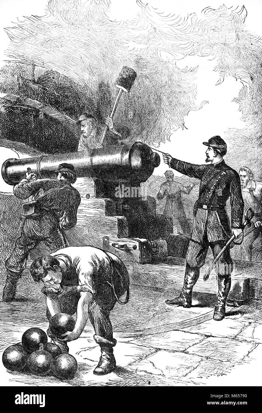 1860s UNION SOLDIERS FIRING CANNON AT FORT SUMTER CHARLESTON HARBOR SOUTH CAROLINA USA - h9855 HAR001 HARS FIREARM FIREARMS MALES SOUTH CAROLINA AMERICAN CIVIL WAR APRIL APRIL 12 ARTILLERY B&W BATTLES BEGINNING BLACK AND WHITE CIVIL WAR CONFLICTS FORT SUMTER OLD FASHIONED PERSONS SUMTER UNION TROOPS Stock Photo
