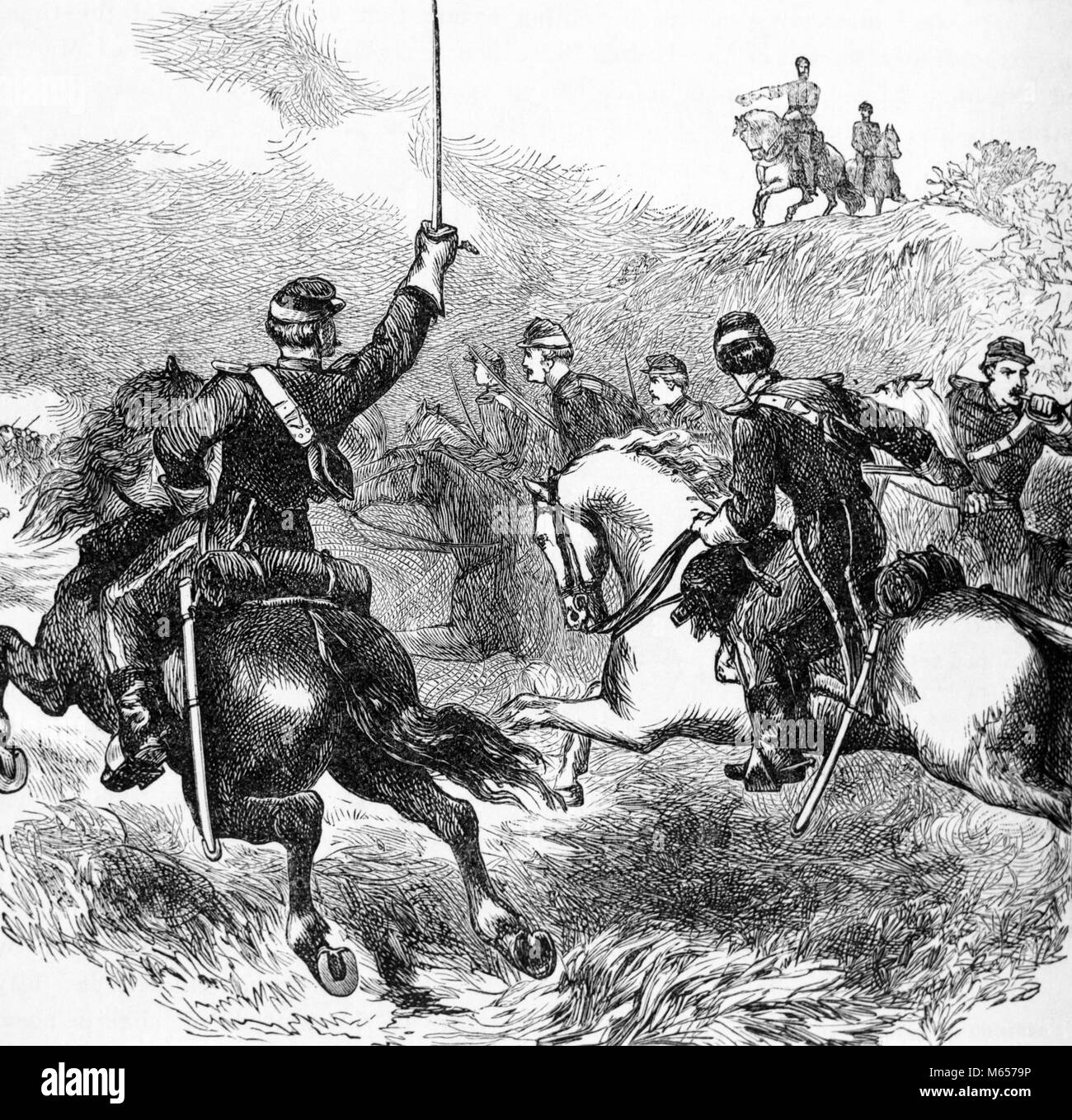 1860s AMERICAN CIVIL WAR GENERAL PHILIP SHERIDAN LEADING TROOPS OCTOBER 19 1864 CEDAR CREEK VIRGINIA USA - h9858 HAR001 HARS SMALL GROUP OF ANIMALS OCTOBER MAMMAL 1864 AMERICAN CIVIL WAR B&W BATTLES BLACK AND WHITE CIVIL WAR CONFLICTS CREEK GENERAL SHERIDAN OCTOBER 19 OLD FASHIONED PHIL SHERIDAN PHILIP SHERIDAN UNION TROOPS Stock Photo