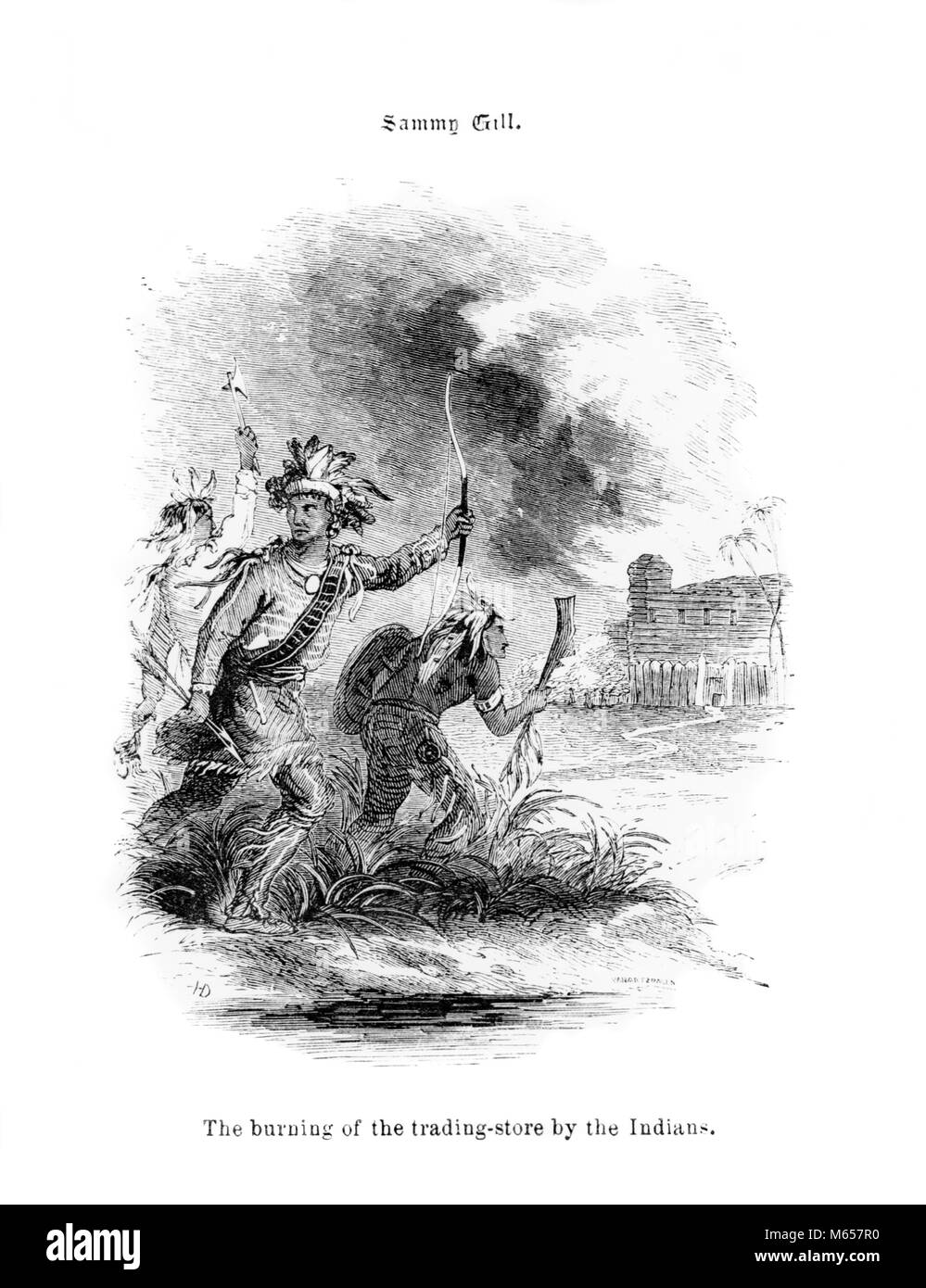 1840s BURNING OF FORT ROBIDOUX TRADING STORE THREE NATIVE AMERICAN INDIANS ATTACK VILLAGE TRADING POST SAMUEL GILL ILLUSTRATION - i5908 HAR001 HARS NATIVE AMERICAN SMALL GROUP OF PEOPLE UT UTAH ATTACKING MALES MID-ADULT MID-ADULT MAN YOUNG ADULT MAN 1840s ANTOINE ROBIDOUX B&W BLACK AND WHITE DESTROYING FORT ROBIDOUX FORT UINTAH FORT WINTY FUR TRADE INDIGENOUS OLD FASHIONED PERSONS SAMUEL GILL TORCHES TRADING POST TRADING STORE UINTA BASIN UTE INDIANS Stock Photo