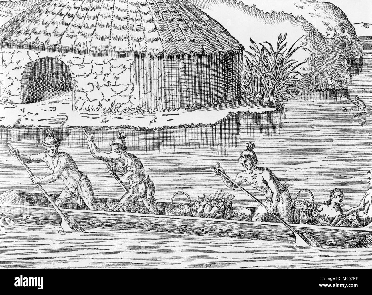 1500s 1600s ENGRAVING DEPICTING EARLY NATIVE AMERICAN INDIAN LIFE MEN PADDLING DUGOUT CANOE ON RIVER BY VILLAGE IN FLORIDA - i6010 LAN001 HARS ENGRAVING TRANSPORTATION NOSTALGIA NORTH AMERICA TOGETHERNESS HISTORIC NORTH AMERICAN EARLY PROPERTY STRENGTH EXTERIOR PROGRESS PEOPLES TRANSPORTING REAL ESTATE PADDLES COOPERATION STRUCTURES EDIFICE NATIVE AMERICAN SMALL GROUP OF PEOPLE 1600s DUGOUT MALES PADDLING PRIMITIVE 1500s B&W BLACK AND WHITE DEPICTING INDIGENOUS OLD FASHIONED PERSONS THE AMERICAS Stock Photo